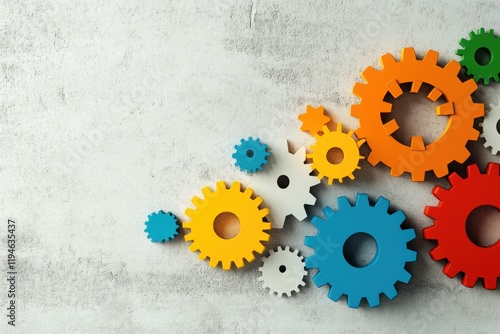 Vibrant Colorful Gears on a Textured Background Reflecting Collaboration, Innovation, and Mechanical Elements in Engineering and Creative Design Concepts