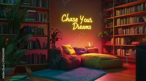 Library corner with neon text chase your dreams. photo