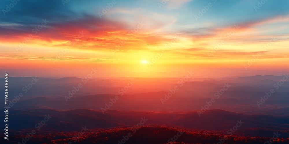 Fototapeta premium Vibrant sunset over hazy mountain range.