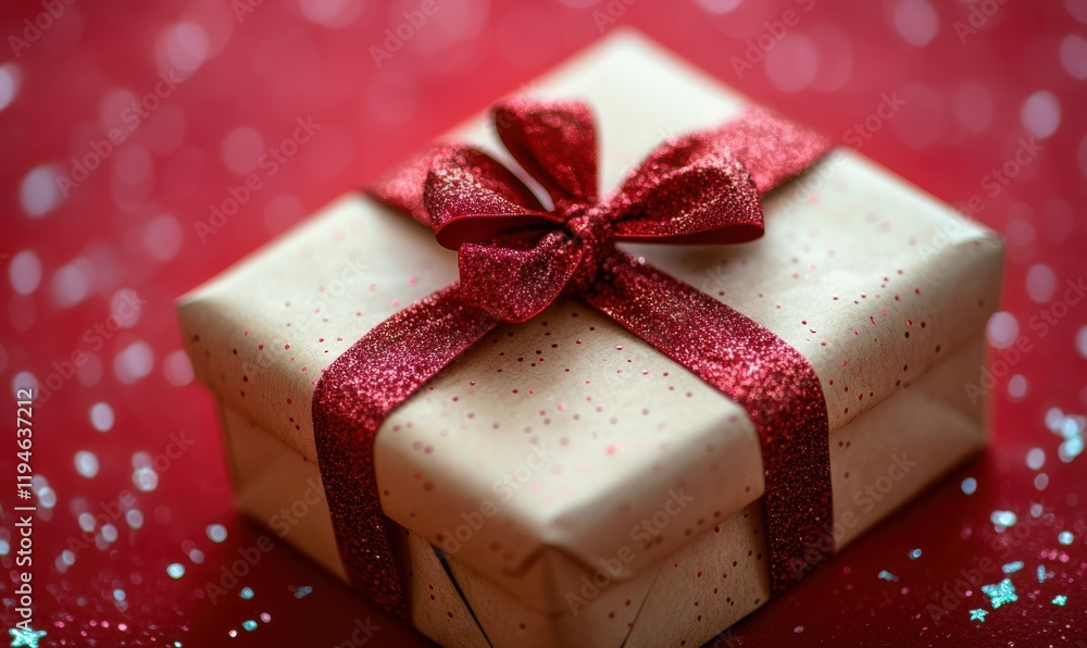 Fototapeta premium A beautifully wrapped gift box with a red ribbon lies on a rich red background, symbolizing celebration and festive cheer