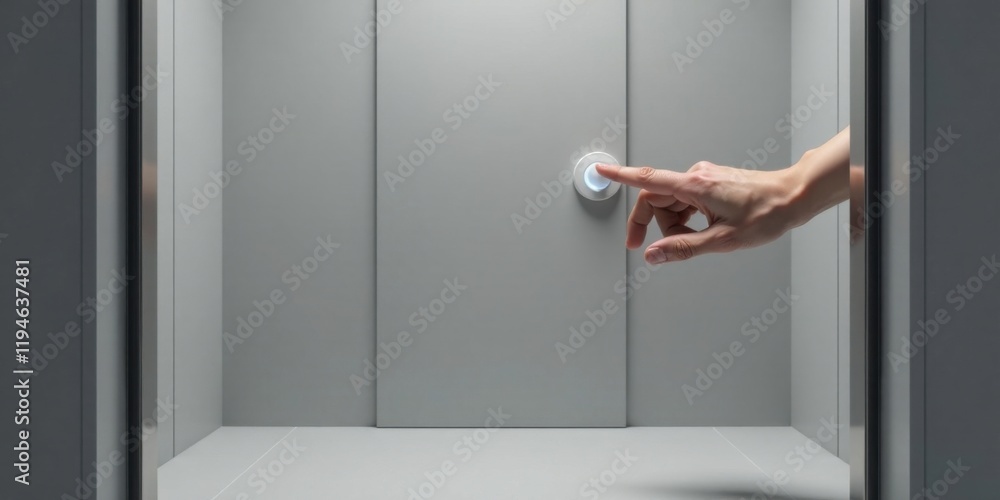Obraz premium A hand gently presses a luminous button within a minimalist, gray enclosure, signaling a transition or initiating a process