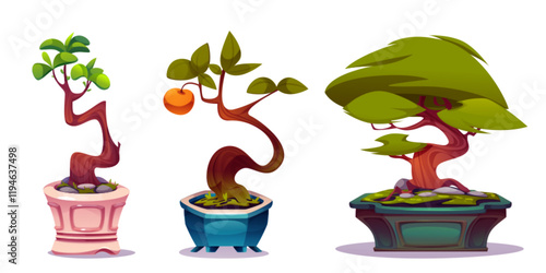 Bonsai garden set - curved trunk miniature trees in ornamental pots with vibrant orange fruit, green leaves, moss patches and pebbles. Decorative stands with dwarf plants for or oriental environment.