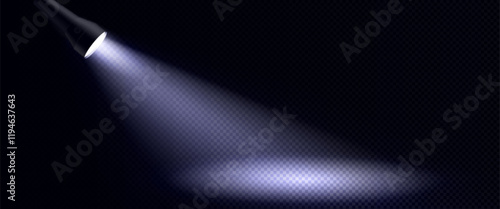 Flashlight beam effect with bright white luminous ray spreading diagonally through darkness on transparent background. Searchlight with soft glowing spotlight for detective scene or night exploration.