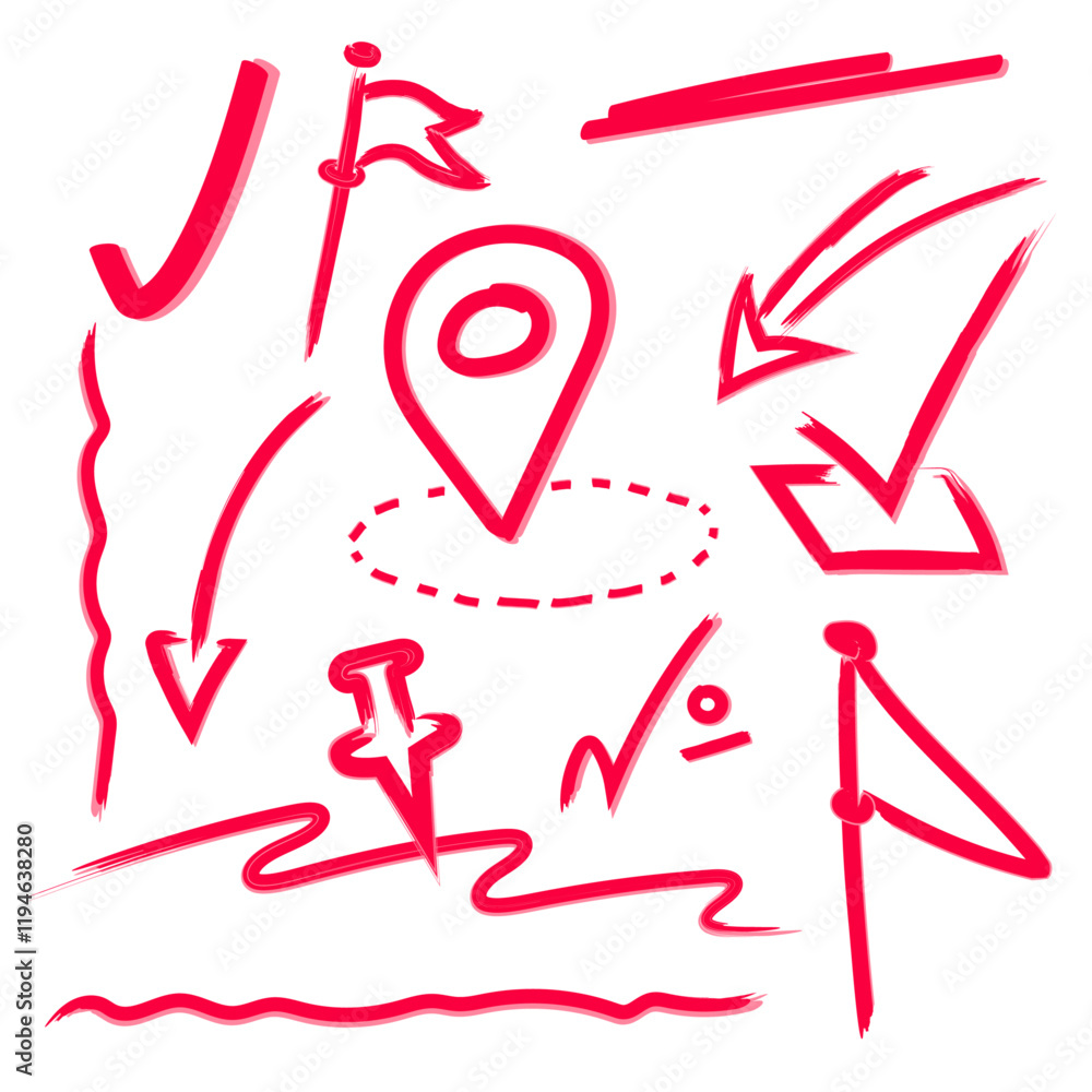 set of lines, arrows, flags, ticks and markers handwritten with red marker set of lines, arrows, flags, ticks and markers handwritten with red marker