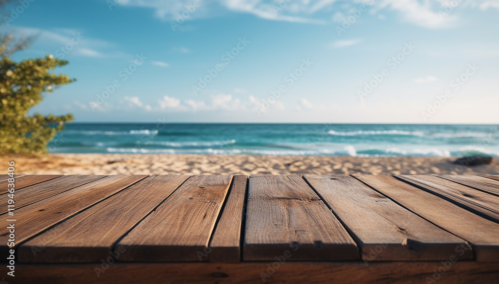 Wooden desk mockup on sand beach background. Framed copy space with wood table closeup and beautiful sea ocean landscape. Summertime holidays vacation. Island beach resort. Tropical traveling Wooden desk mockup on sand beach background. Framed copy space with wood table closeup and beautiful sea ocean landscape. Summertime holidays vacation. Island beach resort. Tropical traveling