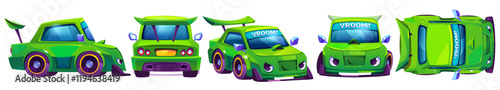 Kid race car cartoon character set with cute green vehicle shown from different angles - front, back, side and top views. Children sport automobile with expressive headlights and bright vroom text.