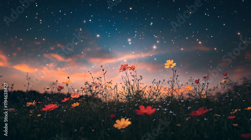 Starlit wildflower field at dusk with colorful blossoms, flowers, nigt sky, stars photo