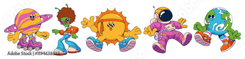 Groovy universe collection with cosmic cartoon characters. Saturn on roller skates, funky alien in retro outfit, bright sun wearing headband, spacewalking astronaut and Earth planet mascot walking.