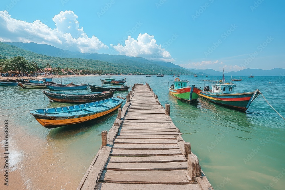 Colorful fishing boats docked at serene beach pier tropical paradise scenic photography bright sunny day relaxing atmosphere Colorful fishing boats docked at serene beach pier tropical paradise scenic photography bright sunny day relaxing atmosphere