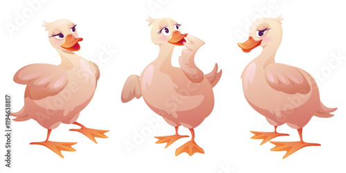 Cute duck character set - plump pink waterfowl with expressive eyes and orange webbed feet shown from different angles. Cartoon bird mascot with various poses for children animation or game design.