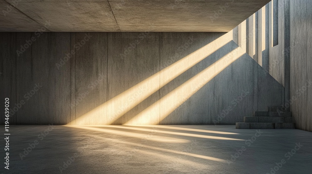 Sunbeams illuminate a minimalist concrete interior space with stairs. Sunbeams illuminate a minimalist concrete interior space with stairs.