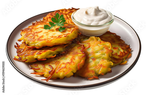 Golden Potato Latkes PNG – Crispy Savory Pancakes with Applesauce and Sour Cream for Festive Designs transparent background photo