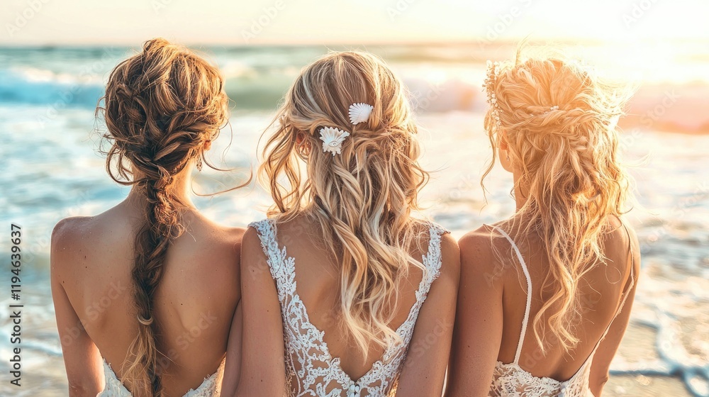 Three Bridesmaids on a Beach at Sunset with Stunning Hair Three Bridesmaids on a Beach at Sunset with Stunning Hair