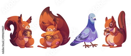 Cute cartoon characters set - fluffy squirrels holding acorn and nut in different poses and peaceful dove with purple gray plumage. Adorable forest creatures collection for children book or stickers.