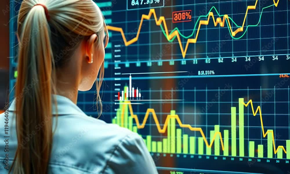 A person analyzing financial data on a digital screen with charts and graphs. A person analyzing financial data on a digital screen with charts and graphs.