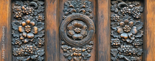 Javanesse door with javanesse batik and flower Pattern is carved on wood background photo