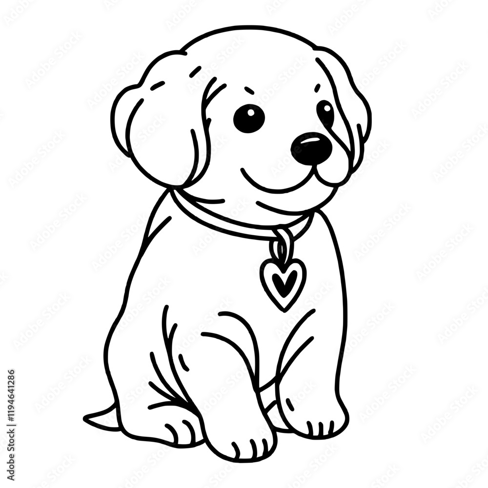 Fototapeta premium a cute dog with heart collar Valentines day Hand drawn doodle line art illustration love elements greeting card decoration 