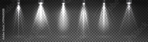 Spotlight beams set isolated on transparent background. Vector realistic illustration of stage light beams, theater, concert, nightclub show, disco club illumination, scattered lamp rays glowing