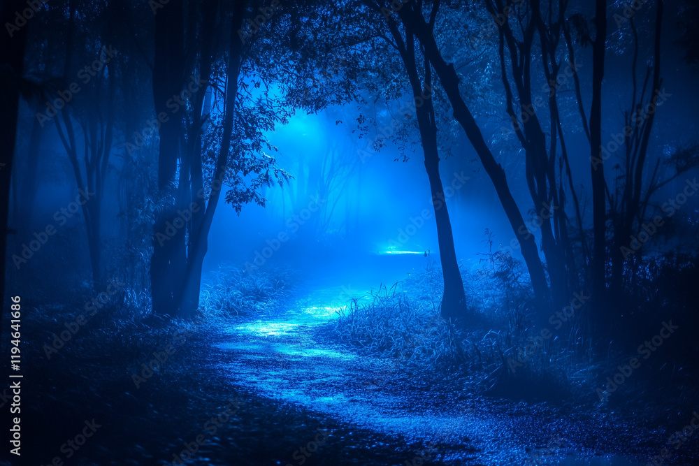 Enchanted blue forest with mysterious pathway illuminated by moonlight Enchanted blue forest with mysterious pathway illuminated by moonlight