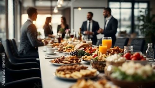 A buffet table set up for an office meeting, featuring a variety of food and drinks for attendees to enjoy