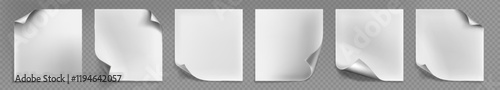 Paper sheets with curled corners set on transparent background. Vector realistic illustration of folded or peeled sticker, turned empty book, magazine or brochure page, rolled frame, flyer mockup
