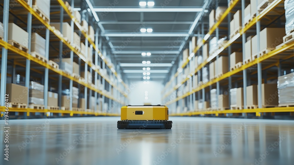 A robot engaged in advanced material handling in a high-tech logistics center with automated conveyor systems and clean, organized storage areas, Material handling tech style A robot engaged in advanced material handling in a high-tech logistics center with automated conveyor systems and clean, organized storage areas, Material handling tech style
