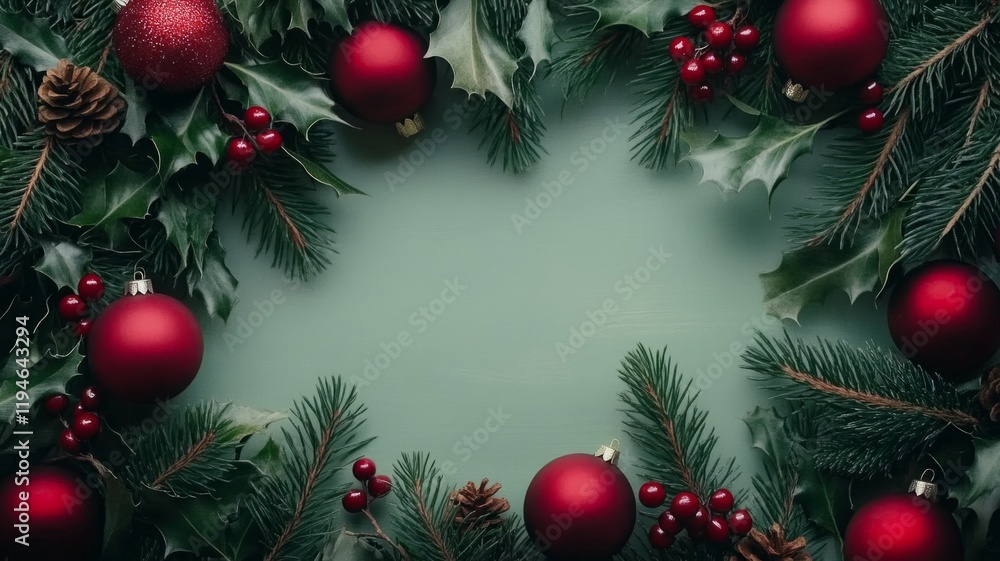 Festive Christmas Decoration with Red Ornaments and Greenery Festive Christmas Decoration with Red Ornaments and Greenery