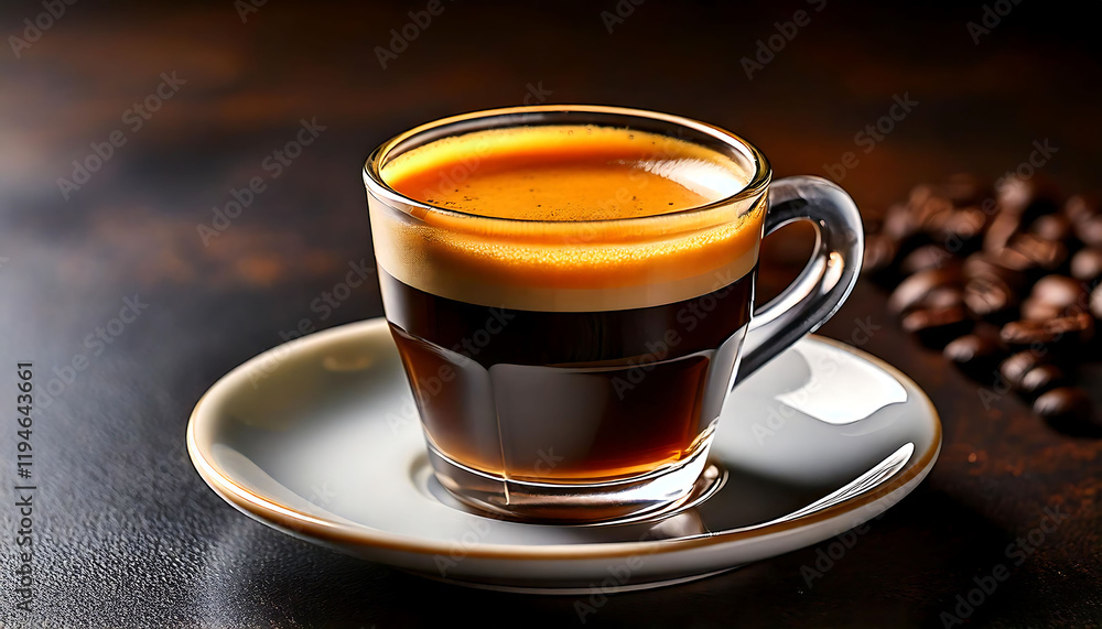 Rich espresso in a clear glass cup sits on a saucer, next to roasted coffee beans. The image's dark, moody aesthetic is perfect for menus, coffee shop websites, or advertising campaigns emphasizing Rich espresso in a clear glass cup sits on a saucer, next to roasted coffee beans. The image's dark, moody aesthetic is perfect for menus, coffee shop websites, or advertising campaigns emphasizing