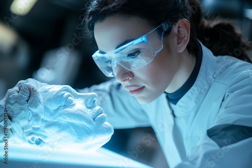 A scientist closely studies a detailed white sculpture under neon lights in a lab, combining art and science for an innovative exploration. photo