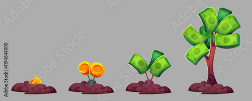 Money tree cartoon growth stages - golden coin seed sprouting into plant with gold coins flowers, developing green dollar bill leaves, maturing into currency foliage. Progressive wealth evolution.