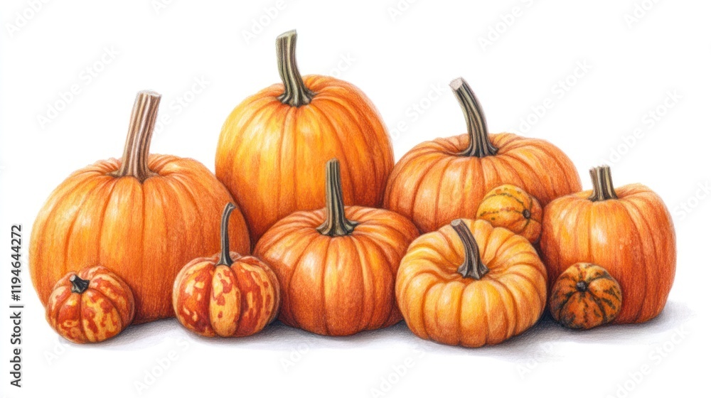 Autumn pumpkins, various sizes, grouped together, white background. Illustration Autumn pumpkins, various sizes, grouped together, white background. Illustration