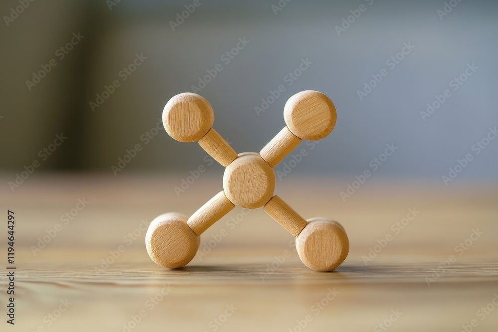 Obraz premium Wooden Toy Sculpture on a Natural Wood Surface, Simple Playful Design, Minimalistic Aesthetic, Handcrafted Art Piece for Children and Adults Alike, Calm Background Blur