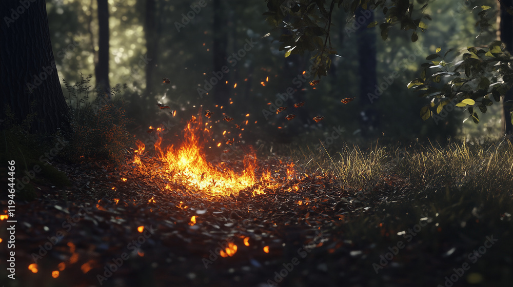 lush forest clearing with dappled sunlight and fallen leaves, fire, burning lush forest clearing with dappled sunlight and fallen leaves, fire, burning