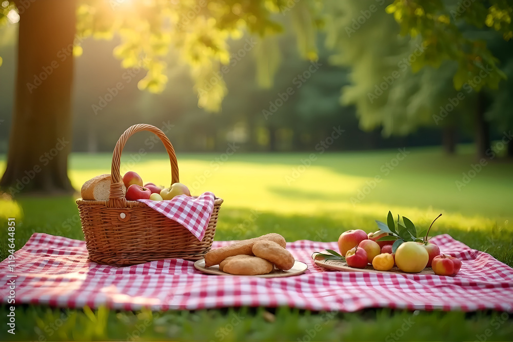 Romantic Picnic Scene In Style of Realistic Photography For Background Use Featuring Checkered Blanket, Basket, Bread, and Fruits Romantic Picnic Scene In Style of Realistic Photography For Background Use Featuring Checkered Blanket, Basket, Bread, and Fruits