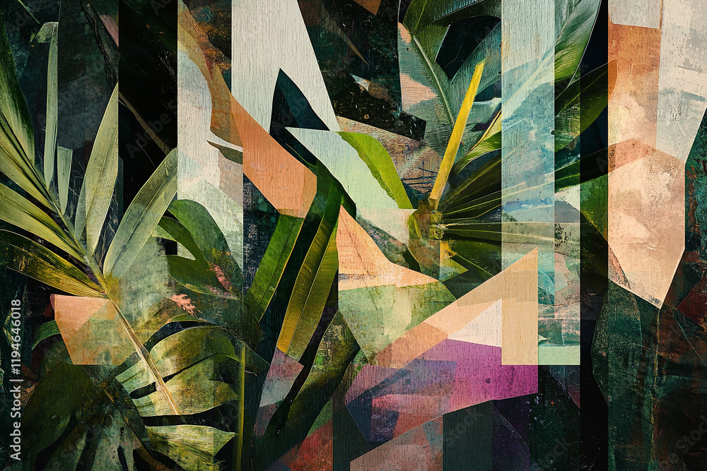 The image is a digital collage featuring abstract, geometric shapes overlaid with various shades of green and other colors, creating a tropical, jungle-like effect
