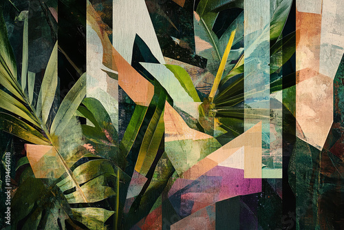 Obraz na płótnie The image is a digital collage featuring abstract, geometric shapes overlaid with various shades of green and other colors, creating a tropical, jungle-like effect w salonie