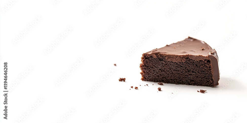 Piece of tasty chocolate cake on white background on the left side of the image, product photography Piece of tasty chocolate cake on white background on the left side of the image, product photography