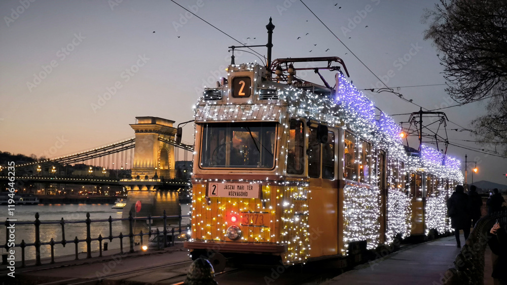 Fototapeta premium tram in Budapest decorated with Christmas lights