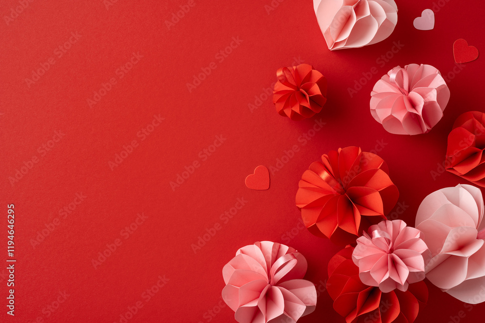Elegant paper flowers with small hearts on a rich red background, perfect for Valentine's Day celebration. Captures the essence of love and romance with a minimalist design Elegant paper flowers with small hearts on a rich red background, perfect for Valentine's Day celebration. Captures the essence of love and romance with a minimalist design