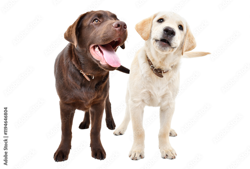 Two cute curious labrador puppies standing together isolated on white background Two cute curious labrador puppies standing together isolated on white background