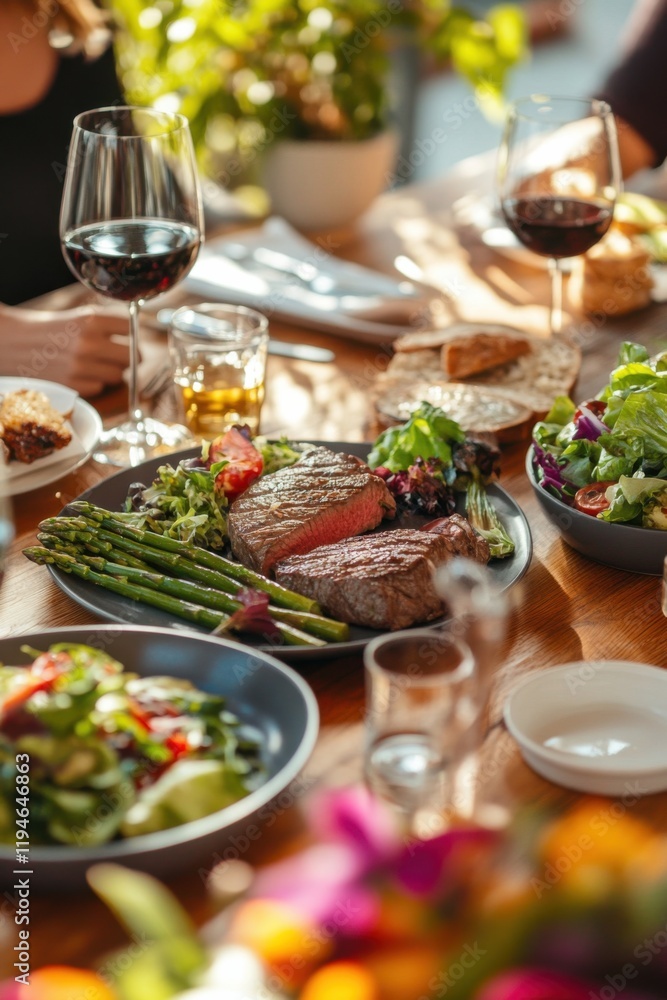 A cheerful dinner table with low-carb dishes, featuring steak, asparagus A cheerful dinner table with low-carb dishes, featuring steak, asparagus