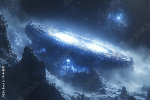 Fototapeta Naklejka Na Ścianę i Meble -  A space station orbiting a glowing blue gas giant surrounded by icy rings. Generative AI