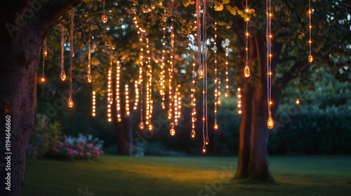 Magical outdoor scene with hanging string lights illuminating a garden at dusk, creating a whimsical and romantic atmosphere.