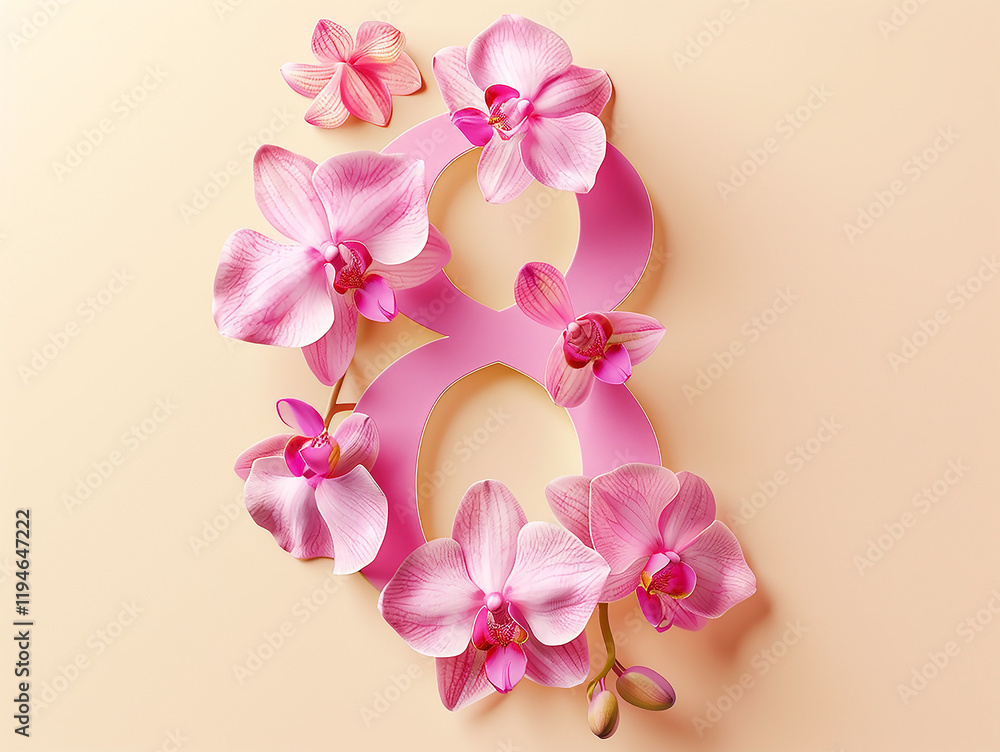 Beautiful natural pink orchids and the number 8, on a pastel beige background. A greeting card for March 8th. Beautiful natural pink orchids and the number 8, on a pastel beige background. A greeting card for March 8th.