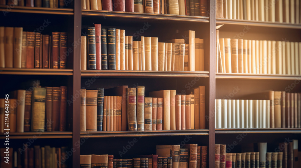 A cozy library illuminated by dim lights. Shelves with a variety A cozy library illuminated by dim lights. Shelves with a variety