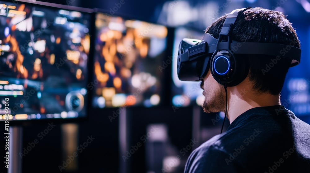 A gamer participating in a virtual reality gaming tournament, with digital avatars and immersive environments enhancing competitive gameplay, Virtual esports competition scene A gamer participating in a virtual reality gaming tournament, with digital avatars and immersive environments enhancing competitive gameplay, Virtual esports competition scene