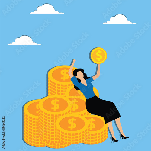 Easy money, lying money, investment and return on investment, investment dividends, passive income, cozy businesswoman lying inside a pile of gold coins looking at the gold coins held in his hands