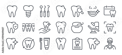 Dental care and stomatology editable stroke outline icons set isolated on white background flat vector illustration. Pixel perfect. 64 x 64.