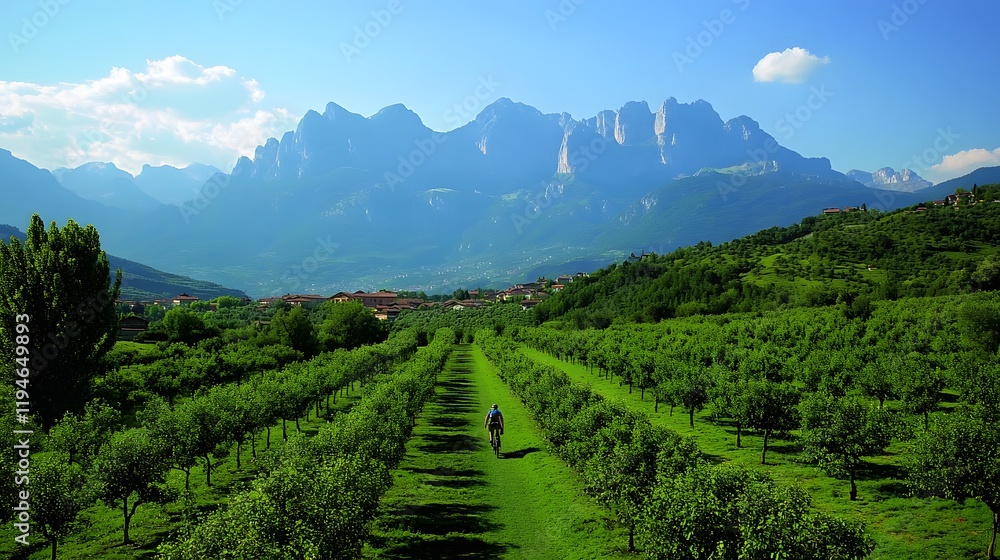 Fototapeta premium Cyclist Rides Through Orchard Towards Majestic Mountains