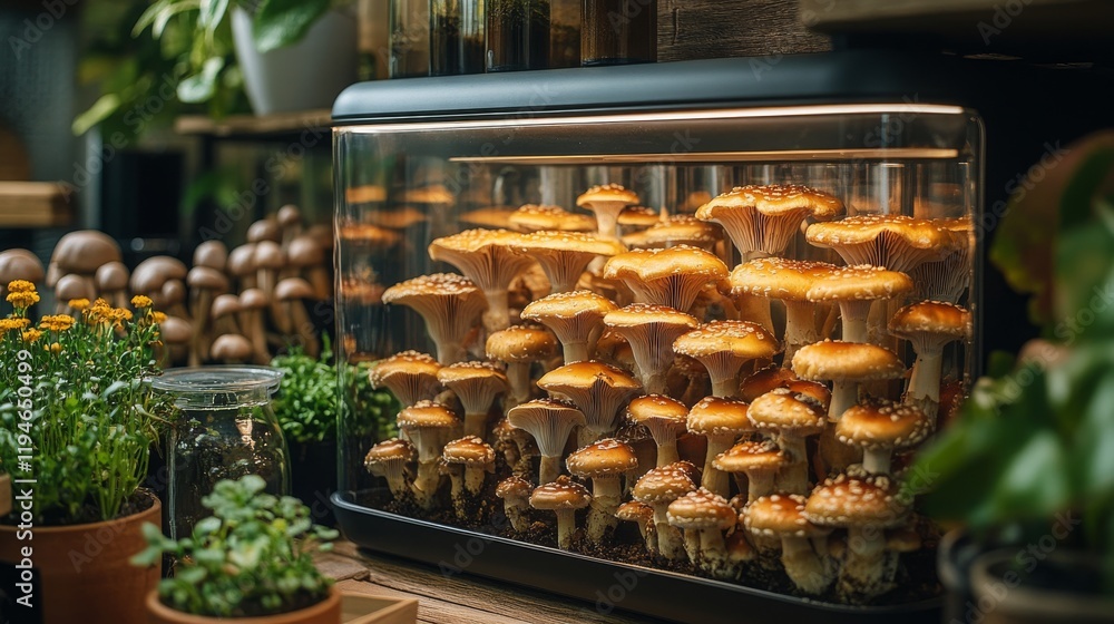 Home vertical farming setup for cultivating exotic mushrooms in a cozy indoor environment Home vertical farming setup for cultivating exotic mushrooms in a cozy indoor environment